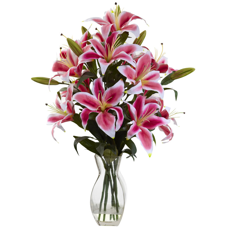Nearly Natural Rubrum Lily Floral Arrangement In Glass Vase