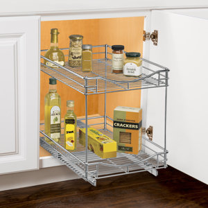 Roll Out Double Shelf - Pull Out Two Tier Sliding Under Cabinet Organizer - 14 inch wide x 18 inch deep - Chrome