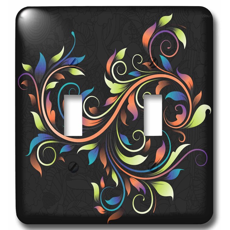 3dRose lsp_119101_1 Funky Pretty Colors Foliage Leaf Swirl On Black Faux Etched Floral Decorative Nature Modern Art Single Toggle Switch 