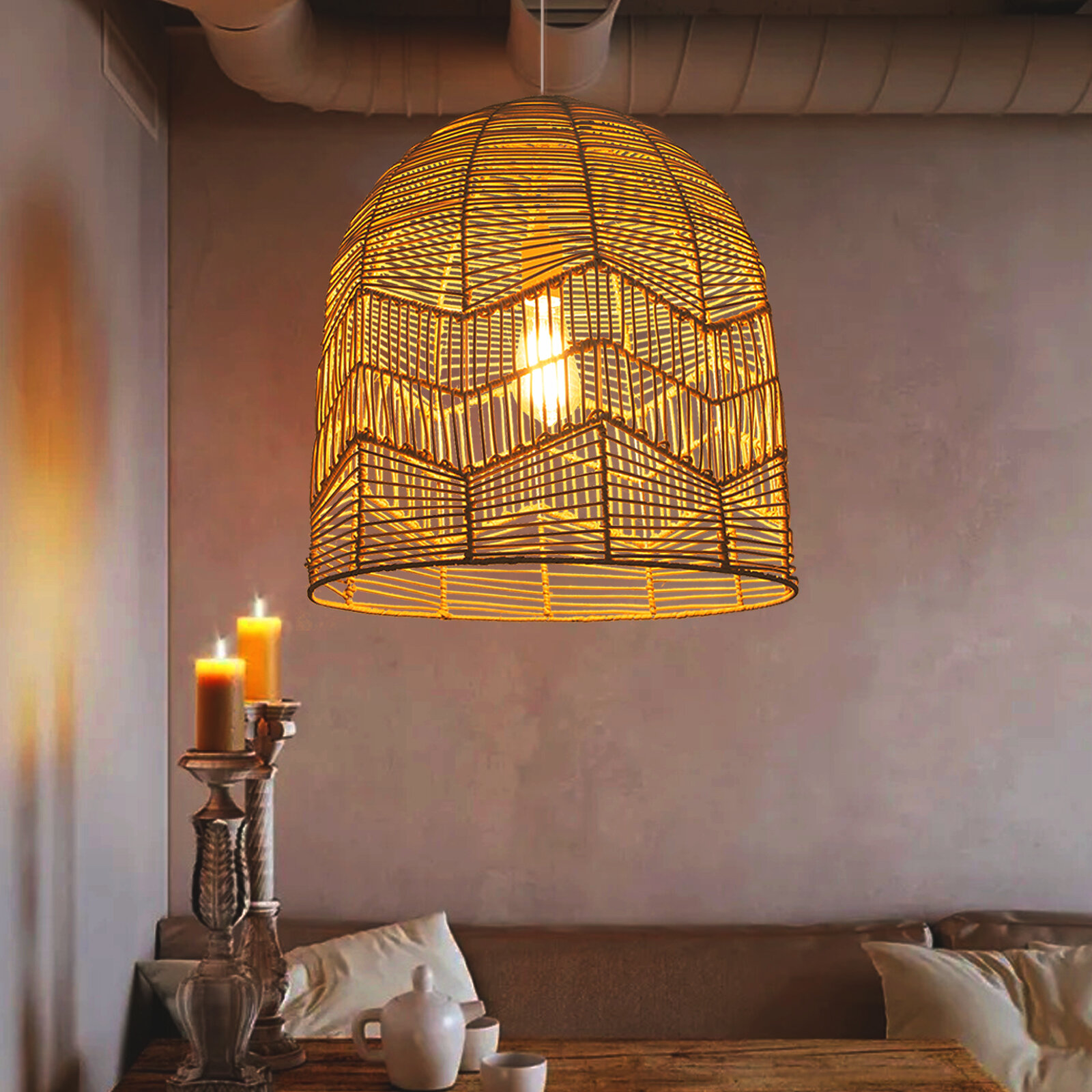Rattan Handwoven Pendant Ceiling Light Shade Kitchen Hanging Lamp Loft