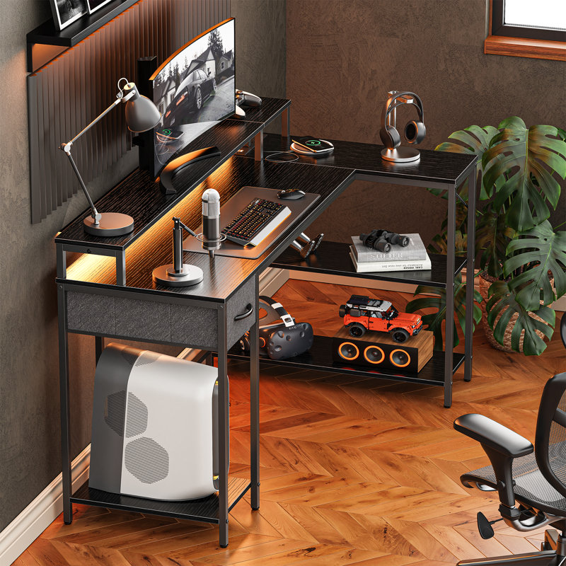 Coolbrook Gaming Desk with LED Lights, L-Shaped Desk with Power Outlets, Computer Desk with Storage, Writing Desk with Monitor Stand,  Home Office Desk, L Desk Color (Top/Frame): Black/Black, Size: 33.4"H x 47.3"W x 31.5"D