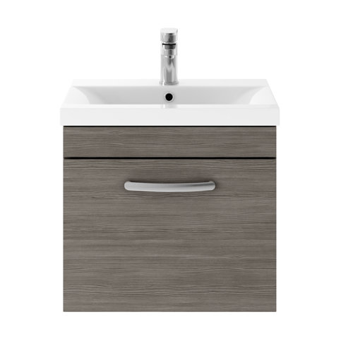 Vasari Vista Brown Grey Avola Single Drawer Wall Hung Vanity Unit & Mid Edge Basin - 500mm Width