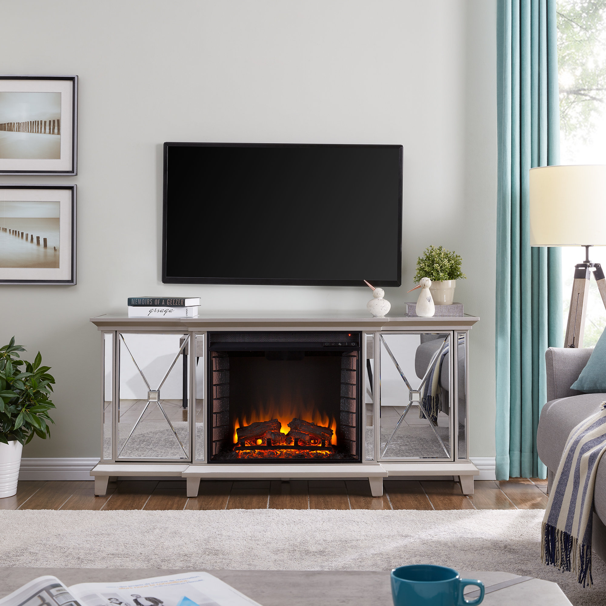 Latitude Run Hourani Mirrored Media Console Electric Fireplace