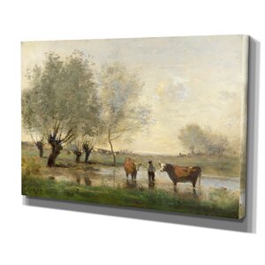 'Cows in Landscape' by Jean Baptiste Camille Corot Painting Print on Wrapped Canvas