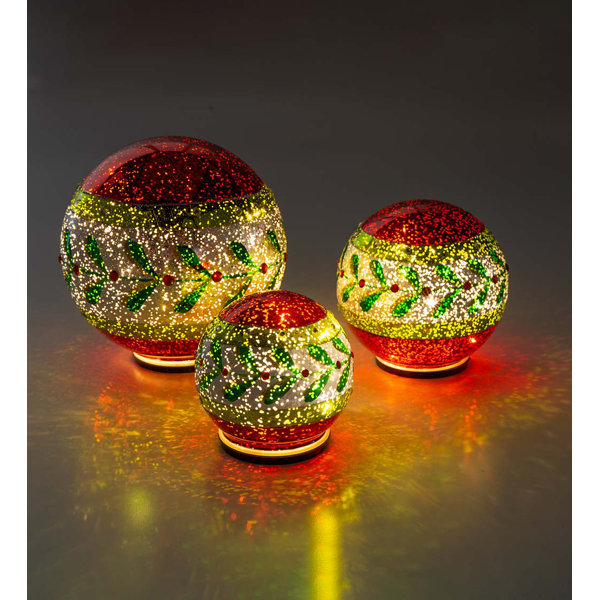 4" Decorative Holly Leaves & Berries Glass LED Sphere Ball Orb Ornament Light 4" Decorative Holly Leaves & Berries Glass LED Sphere Ball Orb Ornament Light