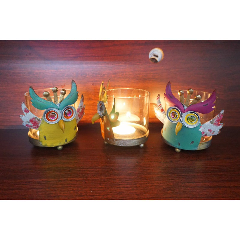 Attractiondesignhome 3 Piece Owl Hurricane Glass Metal Candle