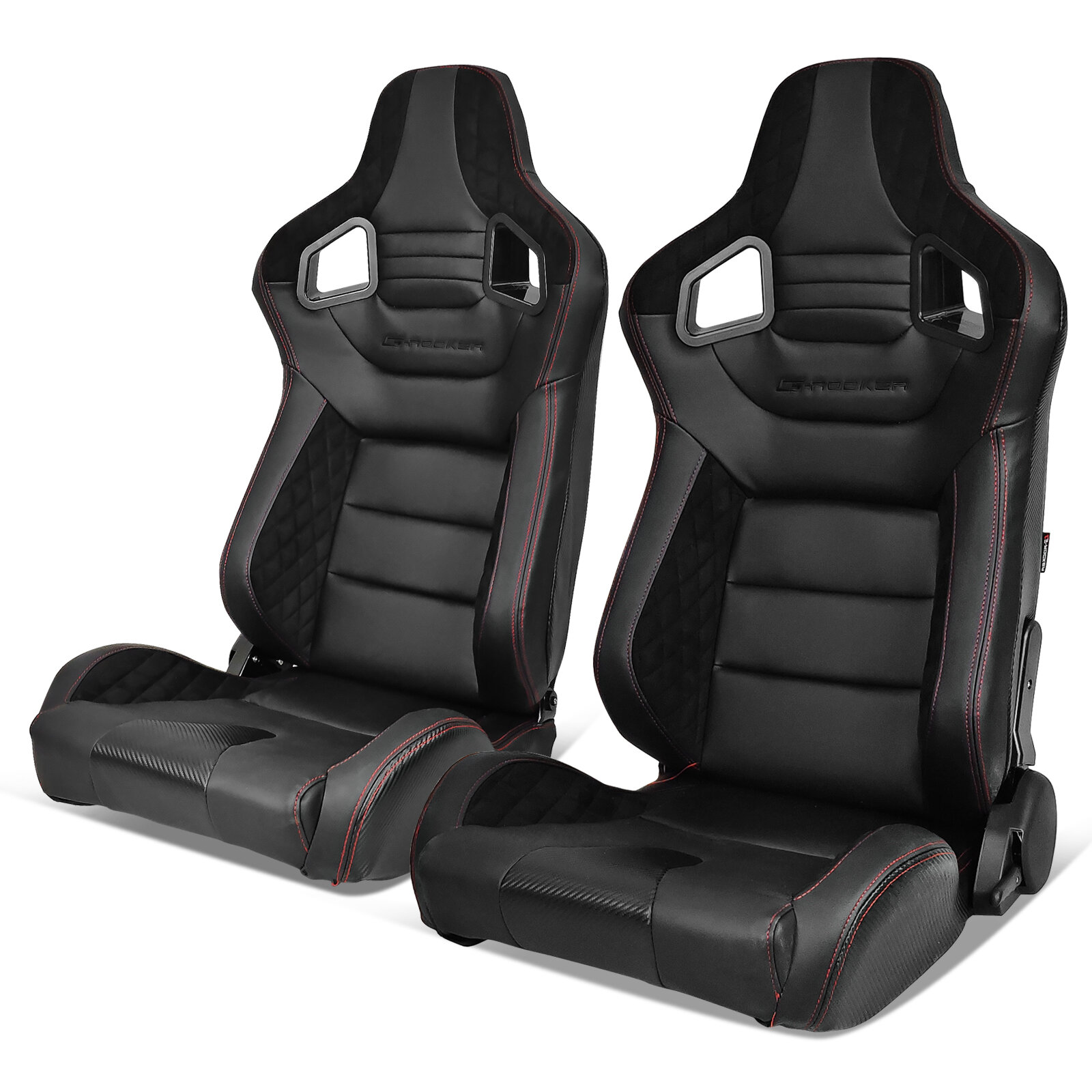 Pair of Full Reclinable Black and Red Carbon Look PVC Leather Type-4 Racing Seat+Adjustable Sliders 