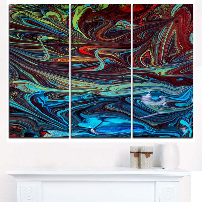 Designart Red Blue Abstract Acrylic Paint Mix 3 Piece Graphic