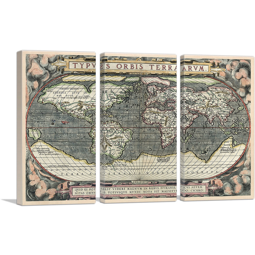 ARTCANVAS World Map 1588 by Abraham Ortelius - 3 Piece Wrapped Canvas ...