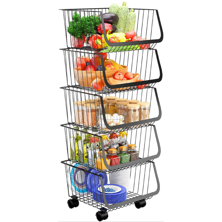 Wire Storage Basket Stand Stackable Potato Onion Storage Bins Fruit Vegetable Baskets With Wheels 5 Tier Metal Rolling Cart Organizer For Kitchen ...