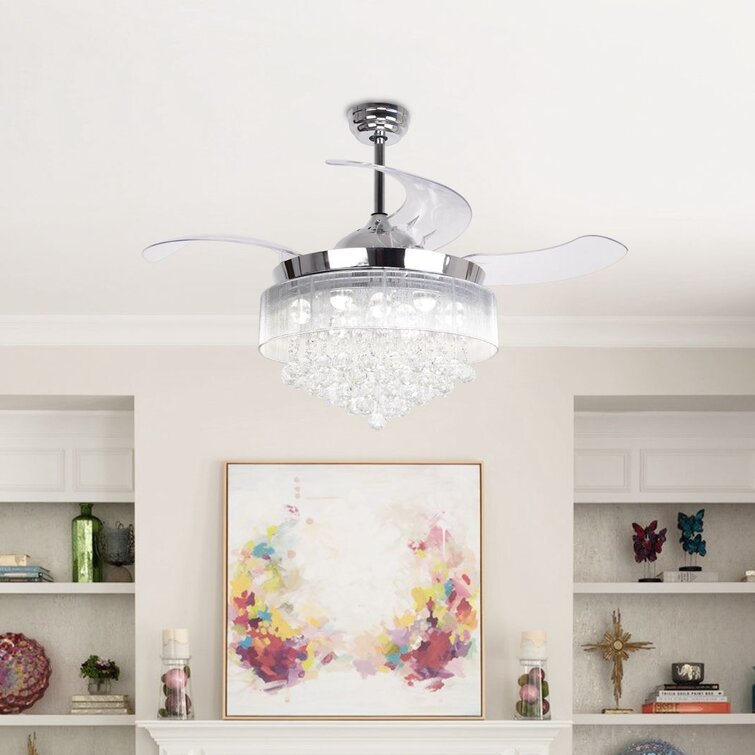 46" Ceiling Fan Lights With Remote Control Crystal Chandelier Retractable Blades 