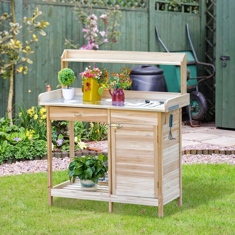 Cedar Garden Potting Bench Table Work Station Bench with Planting Sink and Storage Cabinet 