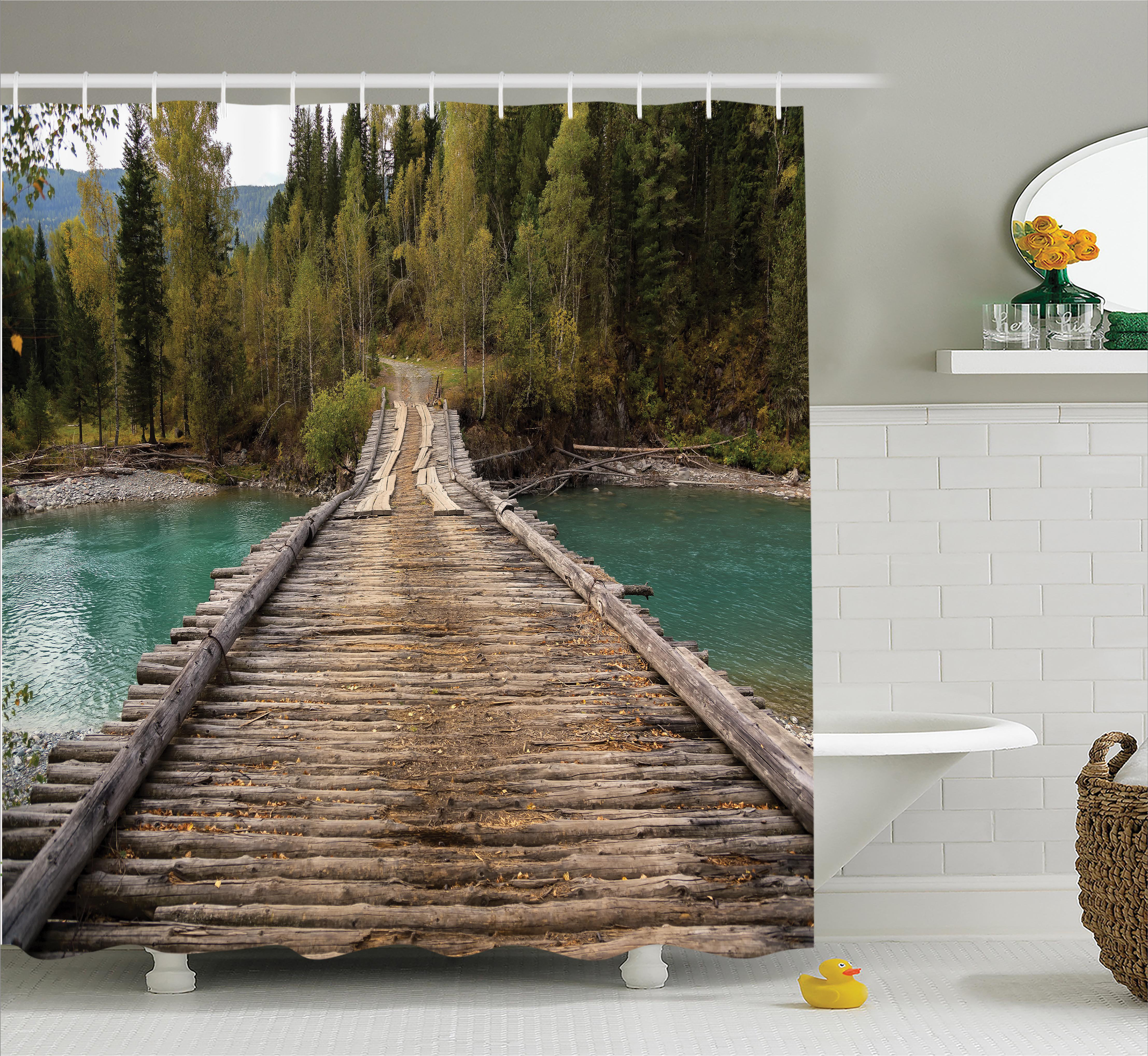 East Urban Home Rustic Decor River Pine Forest Shower Curtain Set