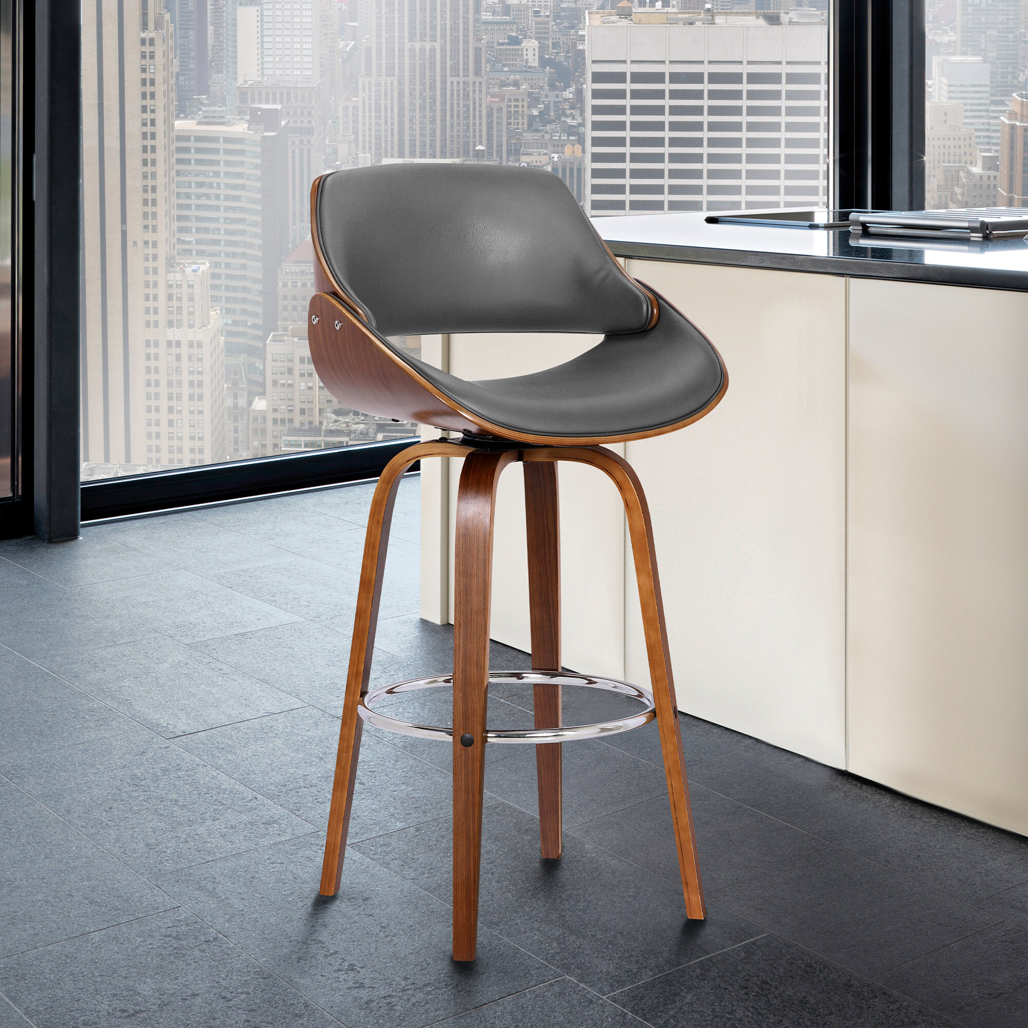 Professional High Quality 30 Inch Seat Height Wood and Leather Swivel Stool 
