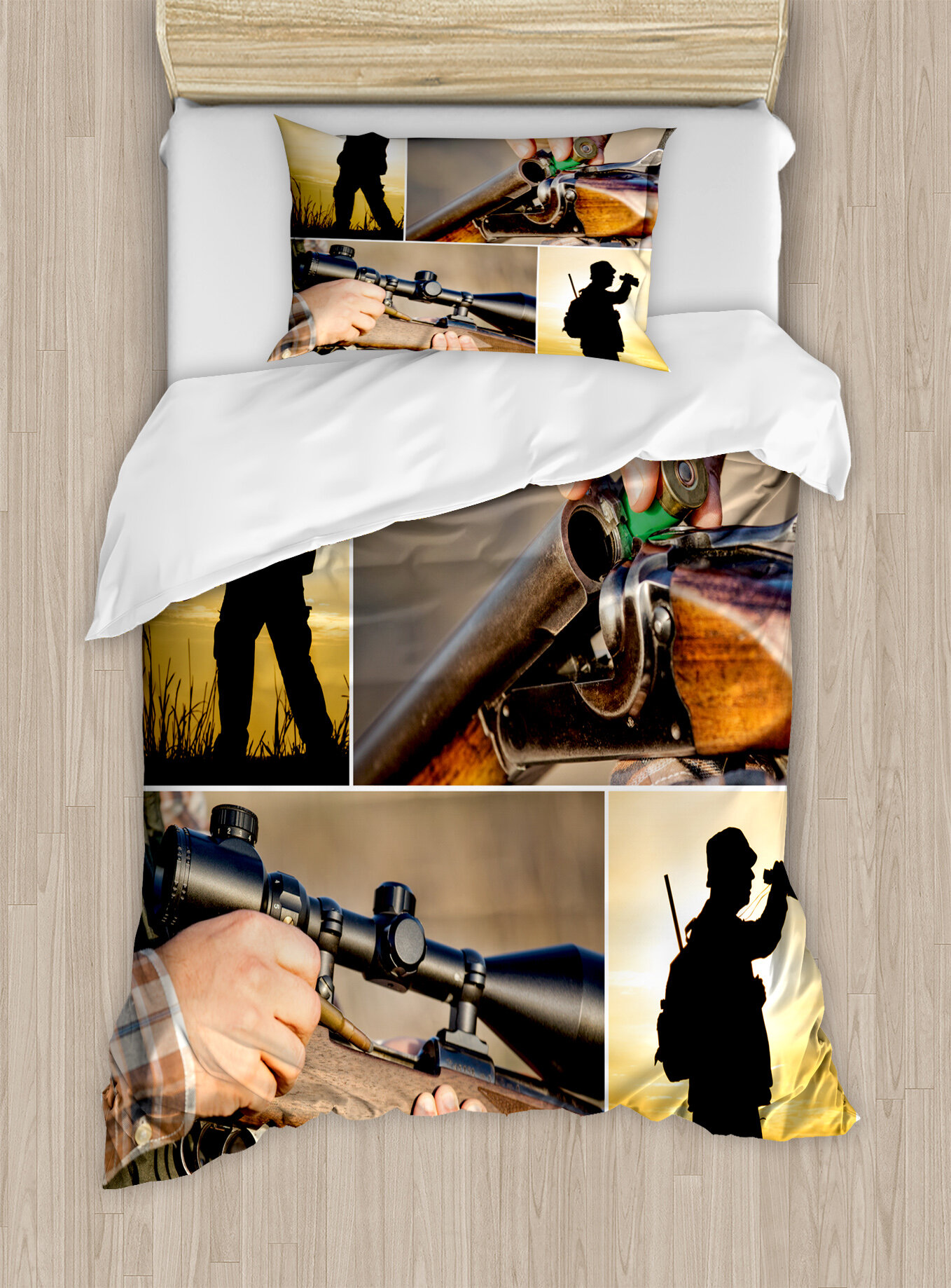 Hunting Themed Photos Loading Rifle Binoculars Outdoors Activity Duvet Cover Set