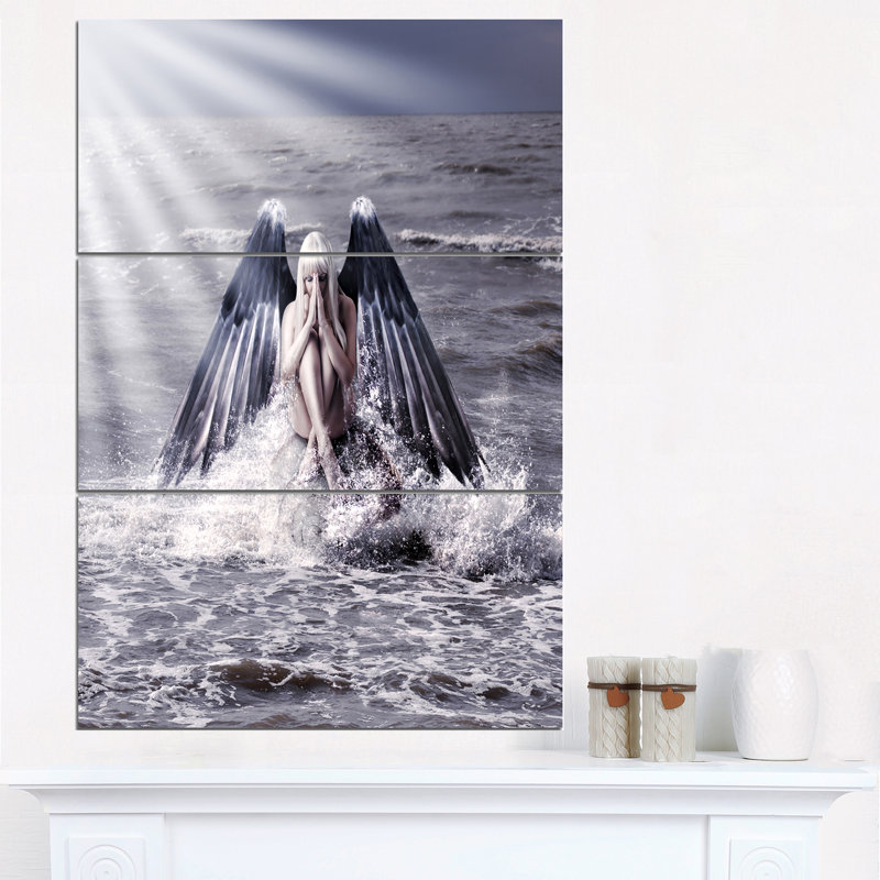 Designart Woman With Dark Angel Wings 3 Piece Graphic Art On