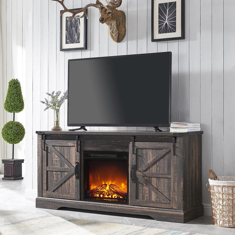 Lysle Farmhouse Fireplace TV Stand For 65 Inch TV with 18" Electric Fireplace & Timer,Wood Media Console with Sliding Barn Door Storage Cabinet Color: Dark Rustic Oak