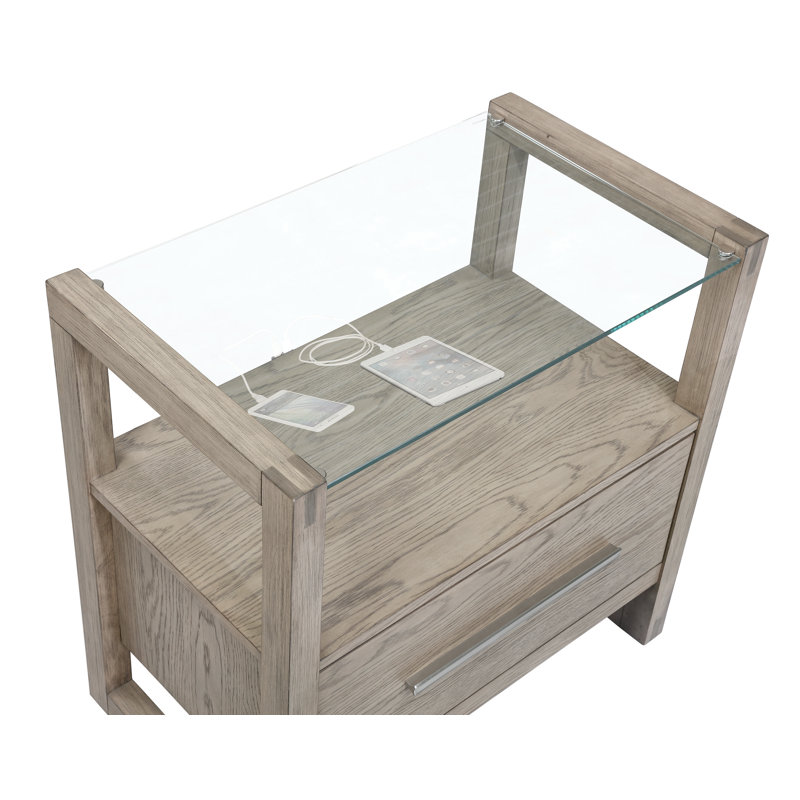 Orren Ellis Cornelio 1 Drawer Nightstand With Glass Top Grey Oak