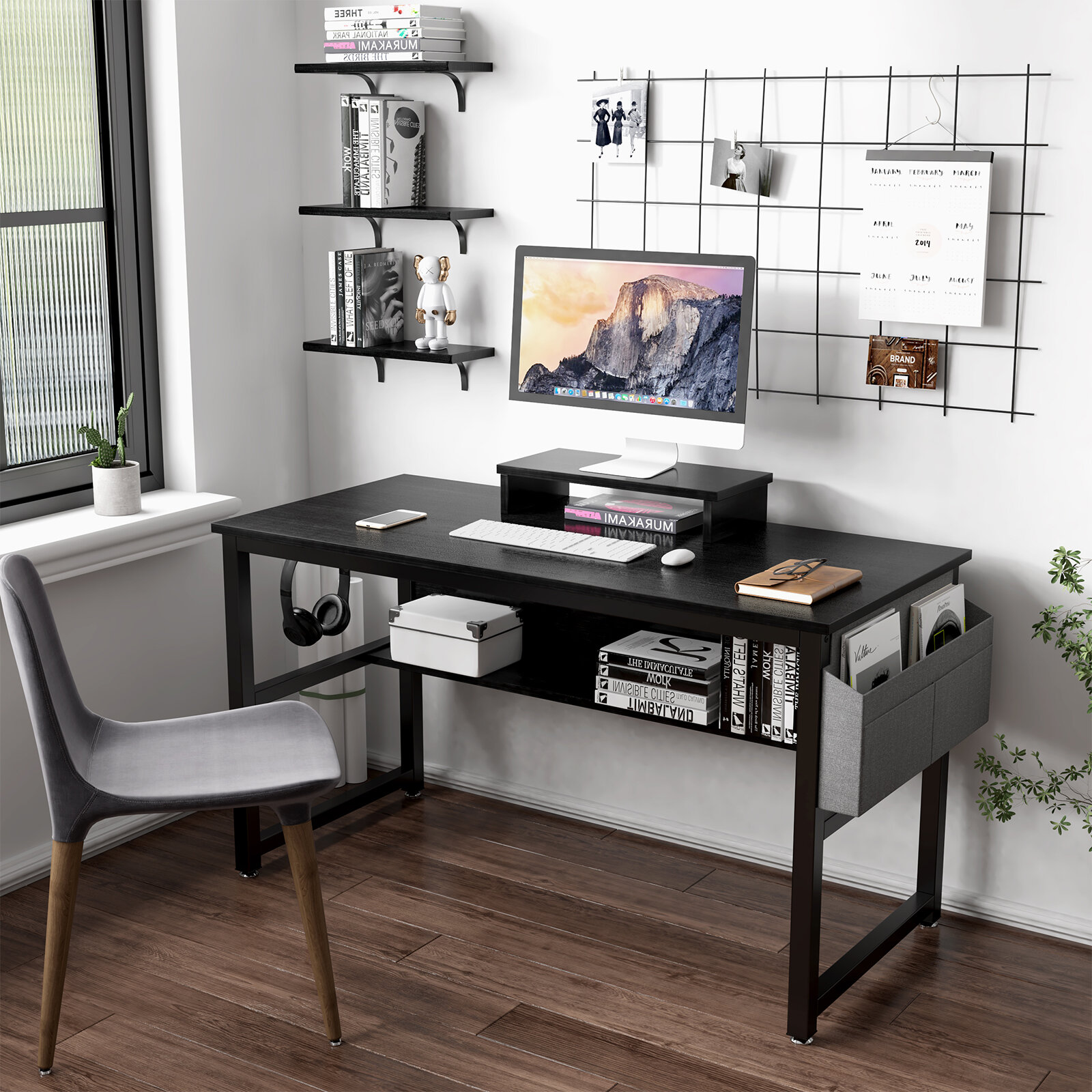 Study Writing Desk with Storage Bookshelf Home Office PC Laptop Table Workstation,Black Metal Frame & Desktop It's_Organized Ladder Desk,43 inch Computer Desk with Hutch