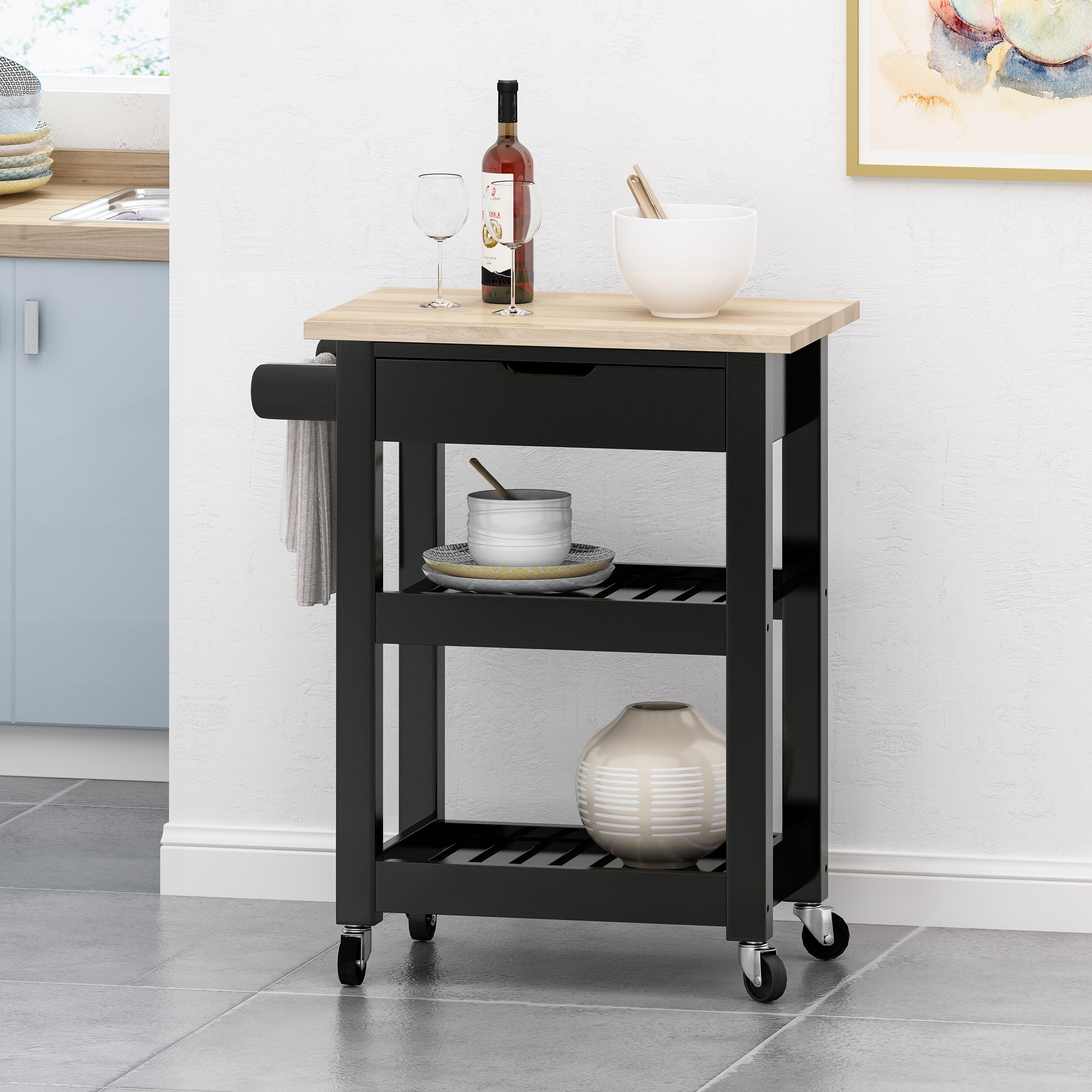 Winston Porter 25.5'' Wide Rolling Kitchen Cart with Solid Wood Top ...