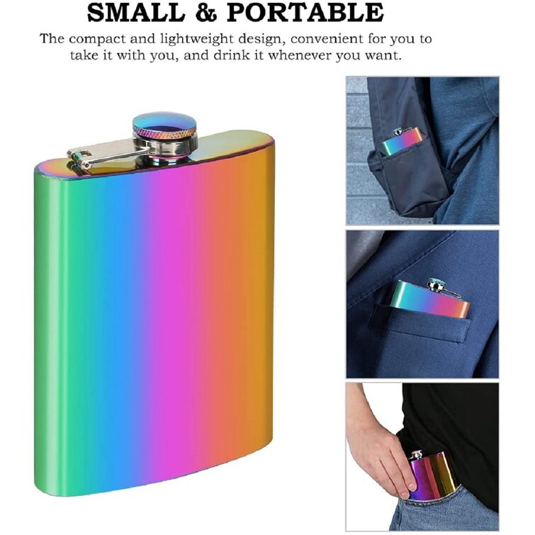 New 8 oz Rainbow Stainless Steel Hip Flask Drink Whiskey Vodka Case Pocket Gift