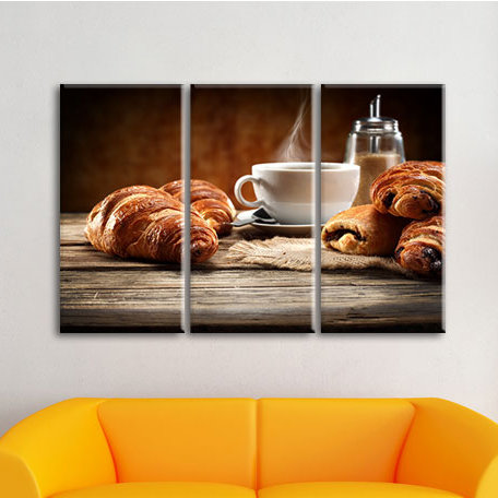 Croissant And Chocolate With Fresh Coffee 3 Piece Photographic Print On Canvas Set Croissant And Chocolate With Fresh Coffee 3 Piece Photographic Print On Canvas Set