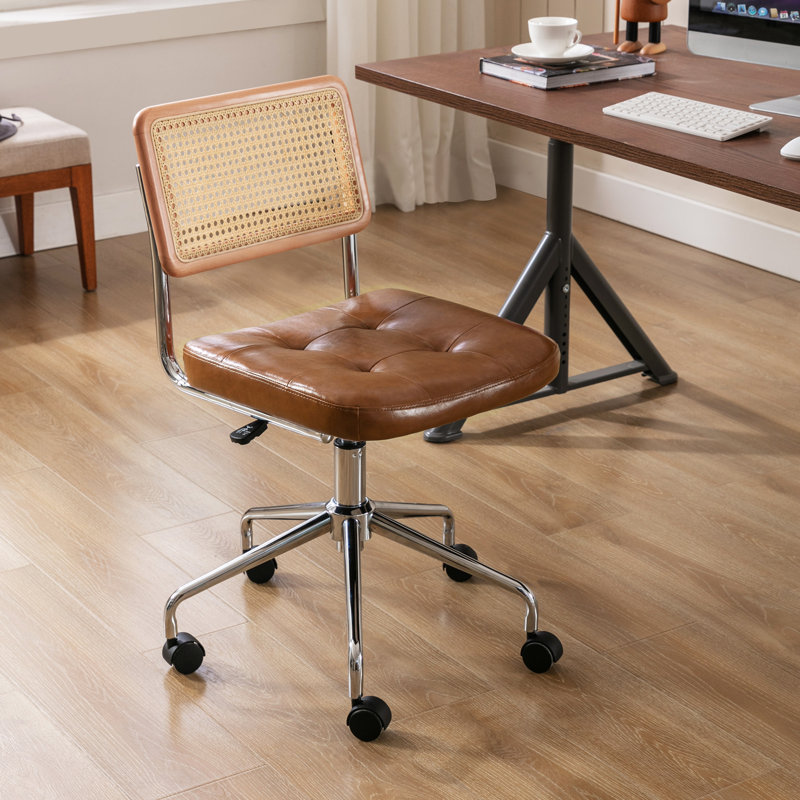 Ayris Leather Swivel Task Chair with Beech Wood Frame and Rattan Back Upholstery Color: Brown