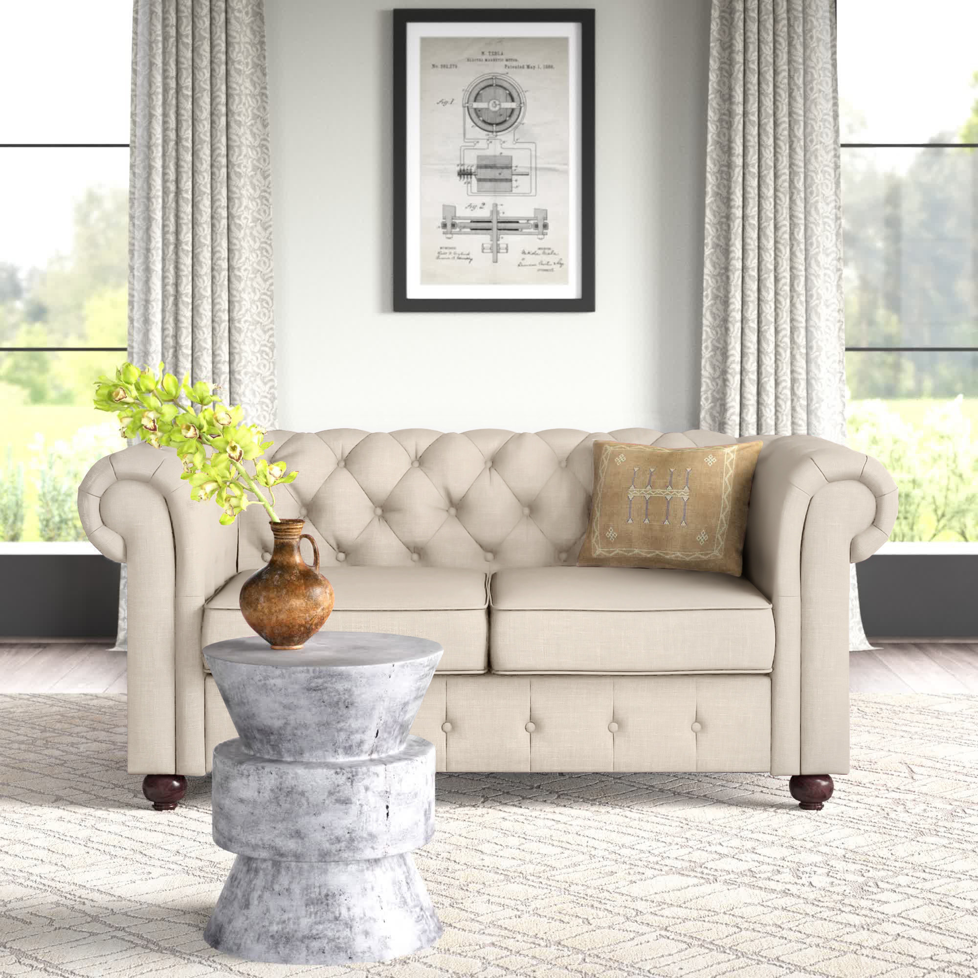 Quitaque 65” Linen Rolled Arm Chesterfield Loveseat