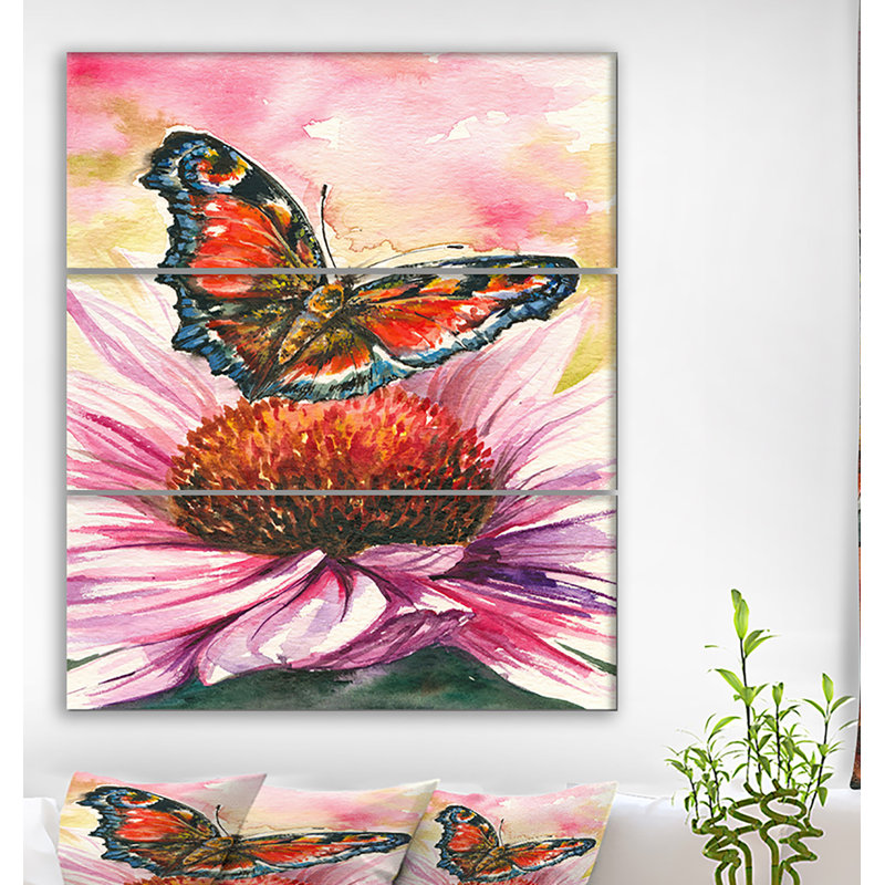 East Urban Home Red Butterfly In Coneflower Watercolor Artwork