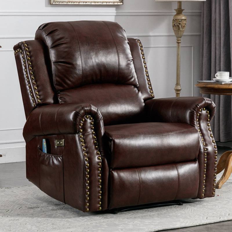 Maxwellton 39" Wide Top Faux Leather Power Standard Recliner Chair Brass Nail Decoration Massage Heating with USB Port Upholstery Color: Syrup