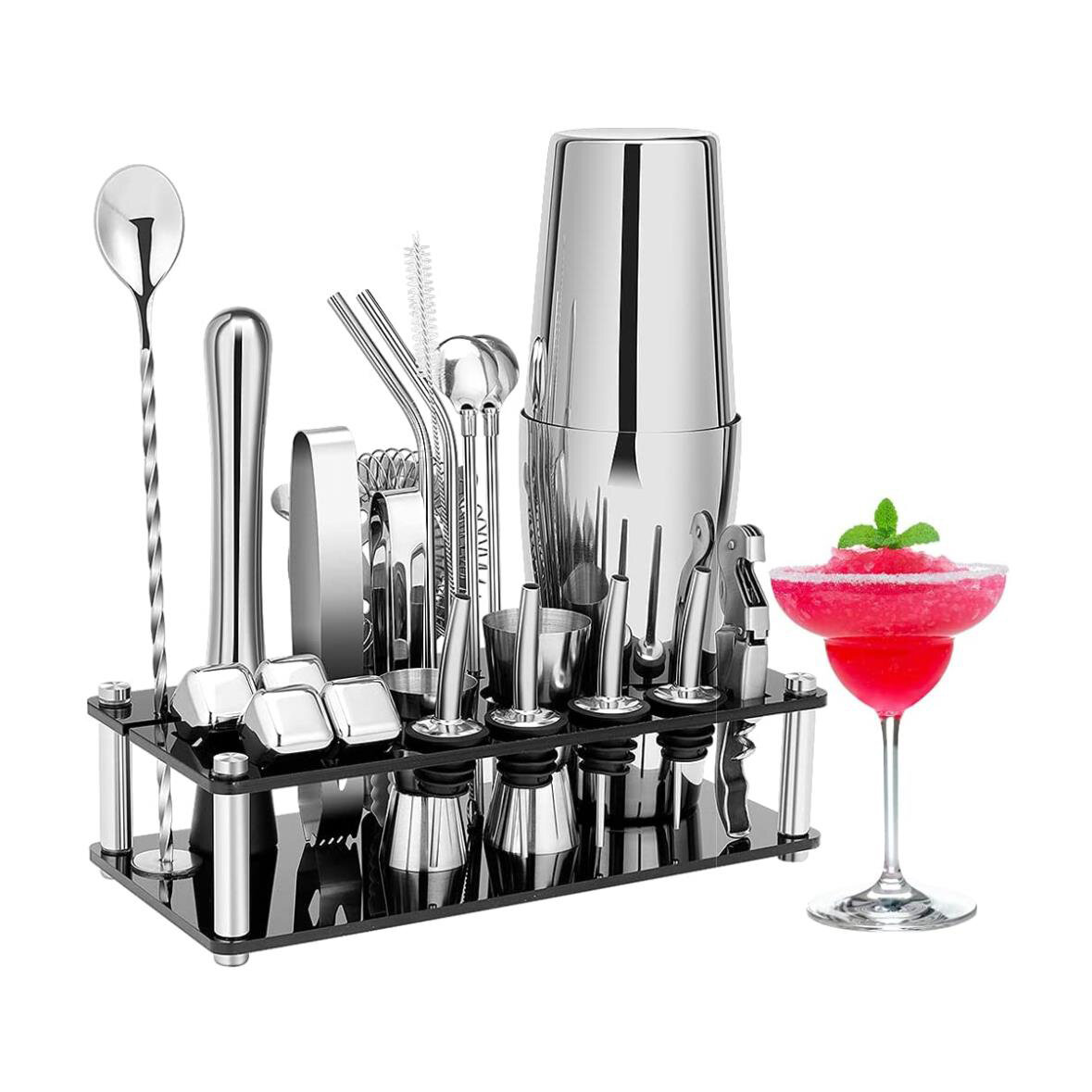 Professional Home Bar Tools for an Awesome Drink Mixing Experience 19 Pcs Stainless Steel Cocktail Shaker Set Boston Bartender Kit with Revolving Stand