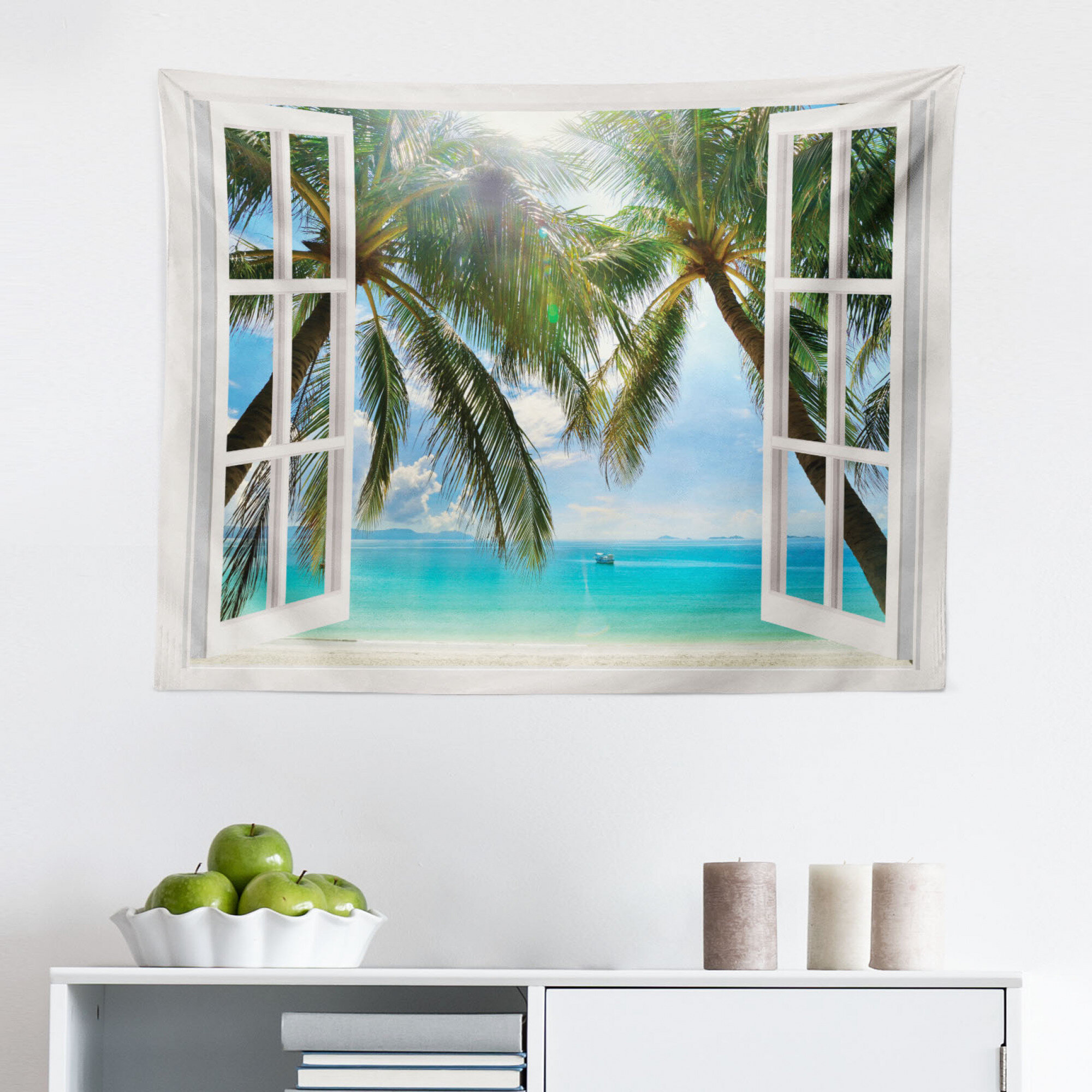 Large Palm Trees on an Island Framing the Ocean Fabric Tapestry 68x80 inches