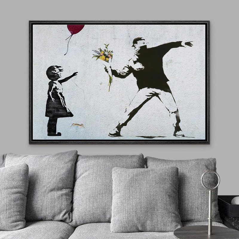 Banksy Flower Thrower And Balloon Girl Framed On Canvas Print Size: 24" H x 36" W x 1.5" D, Frame Color: Black