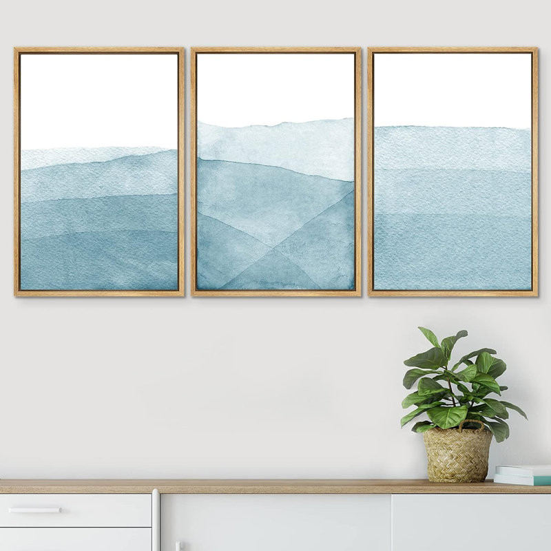 Minimal Landscape Watercolor Blue Wash Brushstroke Abstract Minimalist Picture Framed Canvas 3 Pieces Print Wall Art