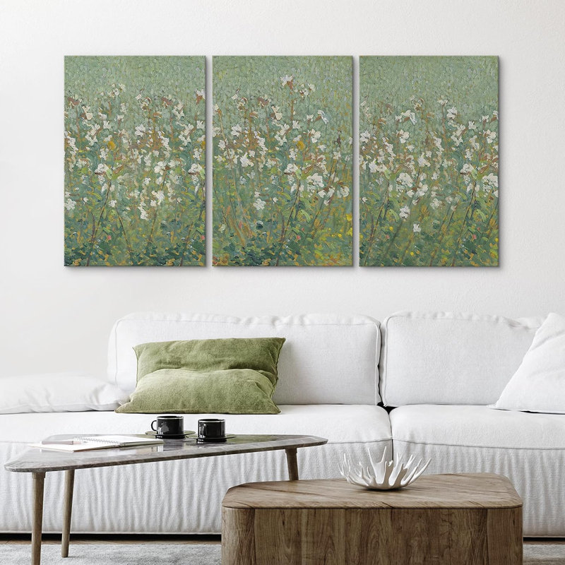 Vibrant Wildflower Emerald Green Monet White Flower Field Nature Wilderness 3 Pieces Format: Wrapped Canvas, Size: 36" H x 24" W x 1.5" D