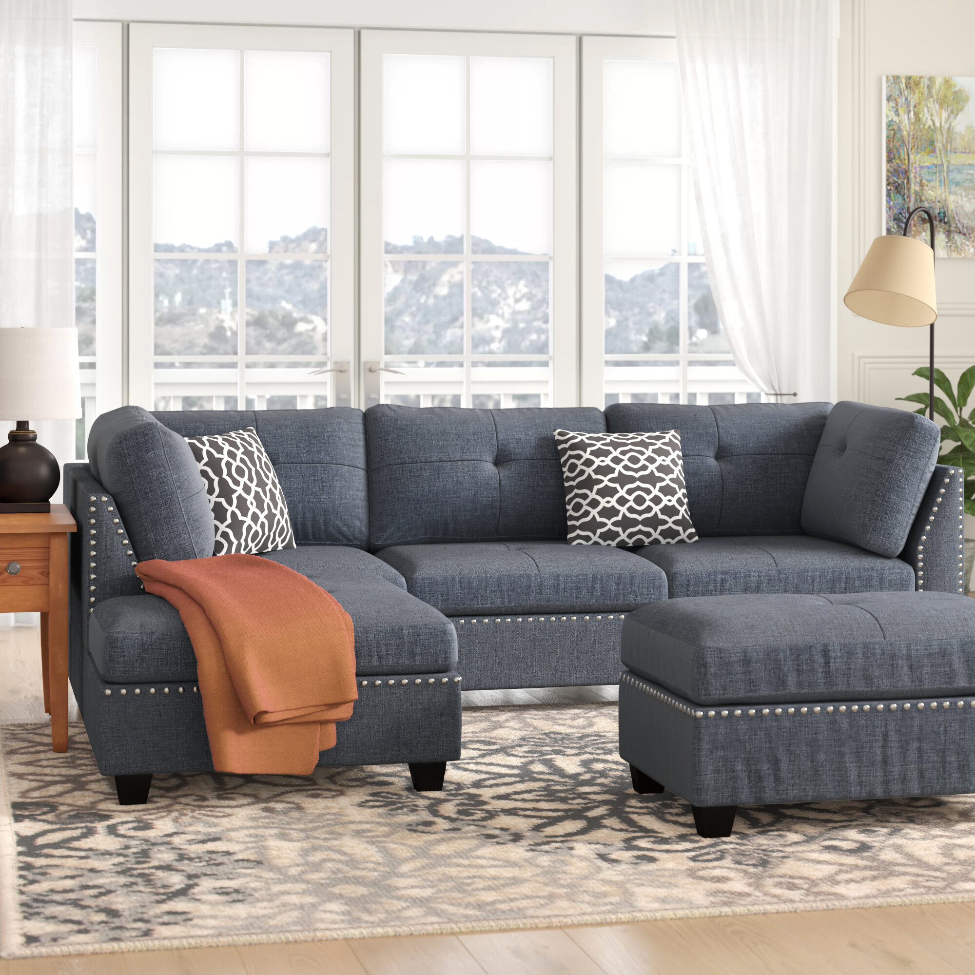 Milani 104″ Wide Reversible Sofa & Chaise with Ottoman