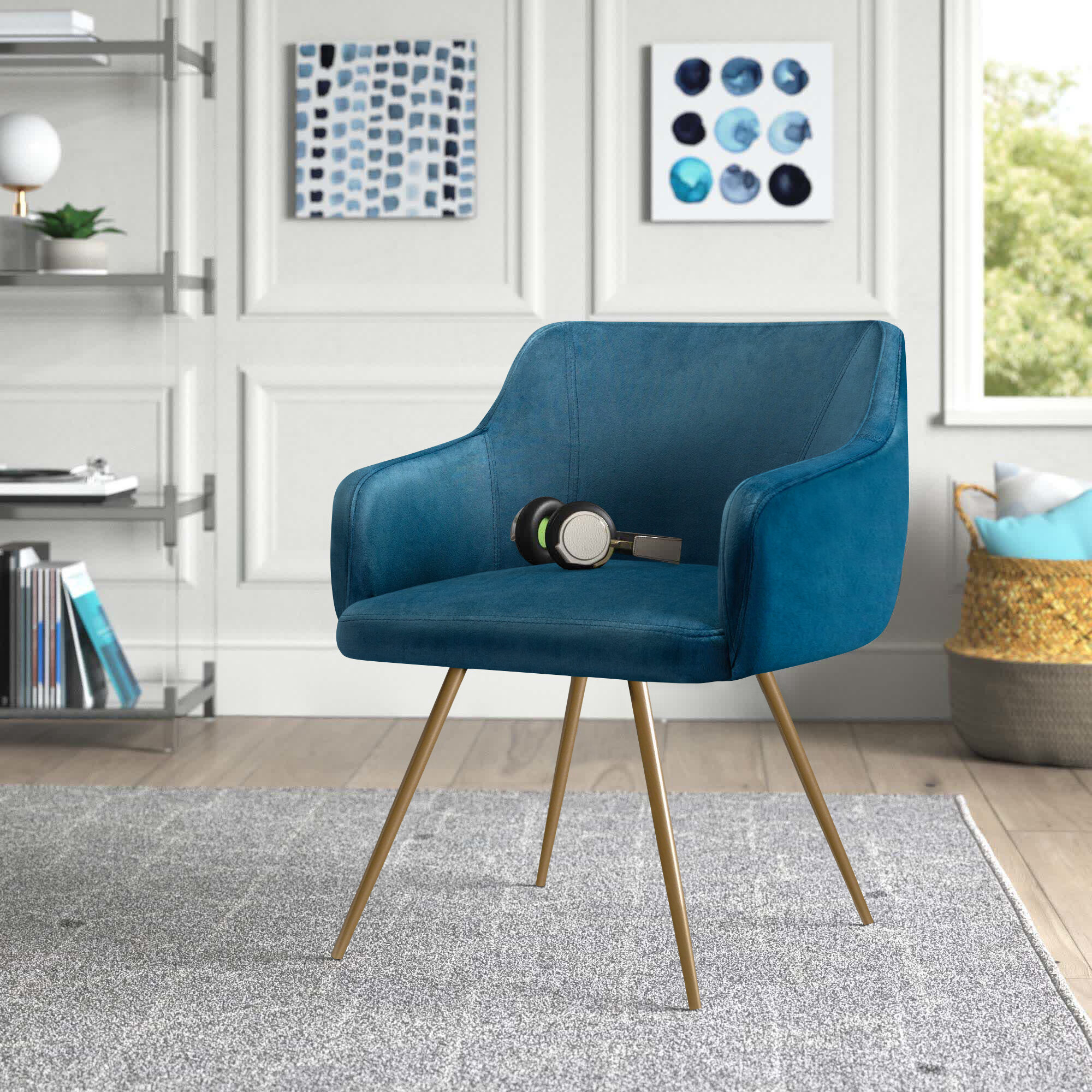 Blue 45cm Upholstered Armchair with Velvet Cover and Round Backrest Channel Tufted Tub Chair with Rubberwood Legs for Bedroom Living Room and More CO-Z Modern Dining Chair
