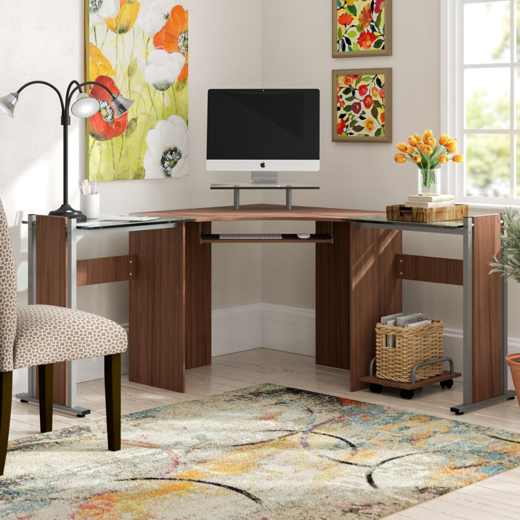 Corner Writing Glass Table Desk Latitude Run 30 x 44 Computer Desk with Keyboard Tray Home Office Computer Desk with Glass Top Furniture Computer Desk with Pullout Keyboard Tray 