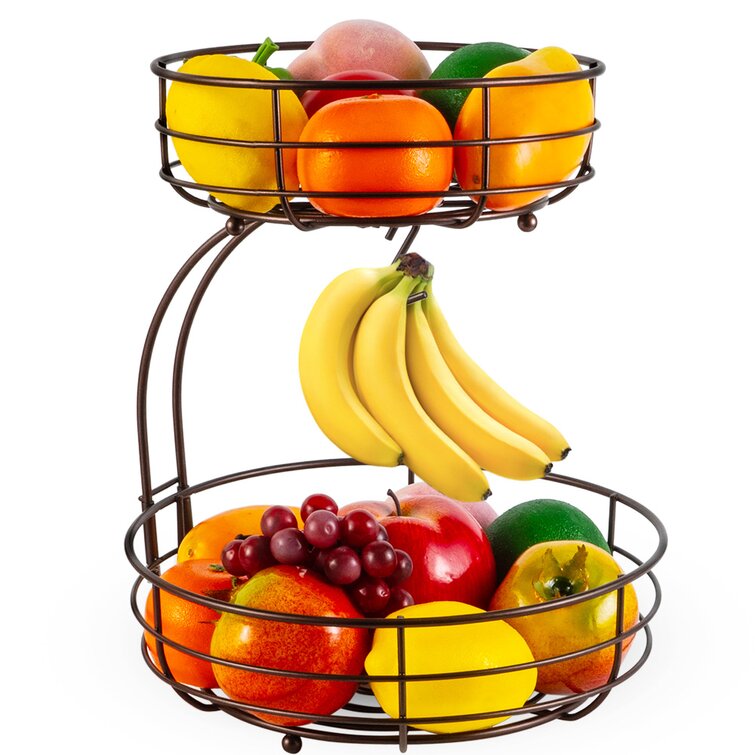 2 Tier Fruit Basket Metal Wire with Banana Holder Standing Daily Kitchen Storage Fruit Basket Contemporary Fruit Bowl Vegetable Basket Black