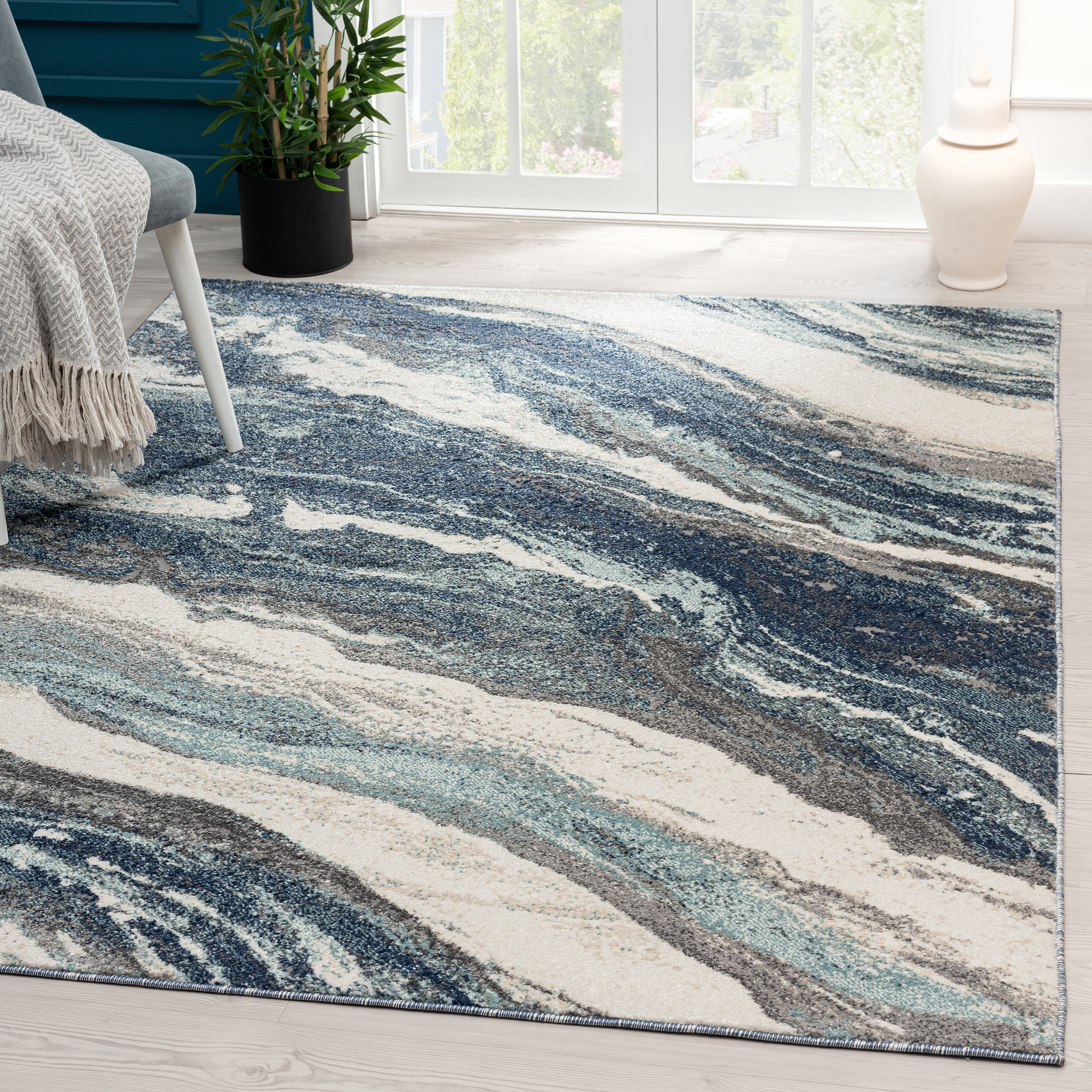 Colores Blue and Cream Distressed Abstract Artistic Modern Living Room Rug 