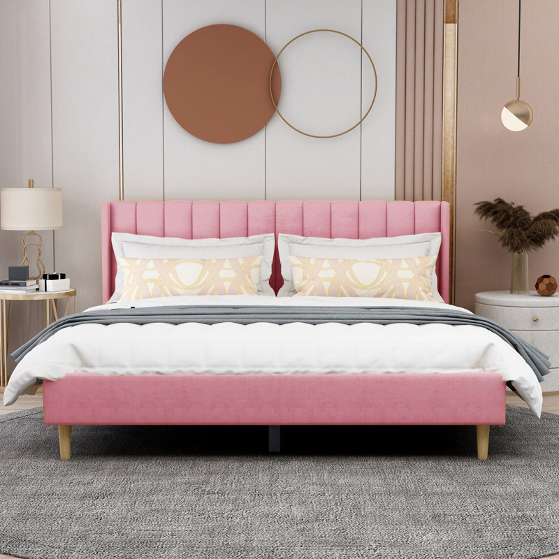 Eriksay Low Profile Upholstered Platform Bed with Wingback Headboard Color: New Pink Velvet, Size: Full/Double