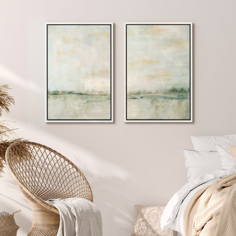 Pastel Green Abstarct Lake Landscape Neutral Minimalist Framed Canvas 2 Pieces Print Set Wall Art Size: 36" H x 48" W x 1.5" D, Frame Color: Natural