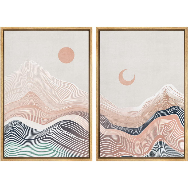 Mountain Range Moon Sun Abstract Nature Illustrations Framed On Canvas 2 Pieces Print