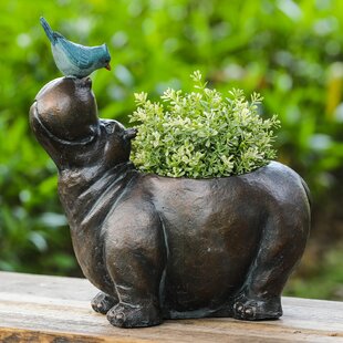 Bronze Resin Hippo Garden Sculpture Gardening Gardener Gift Lawn Ornament 