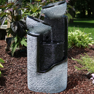 Fiberglass Solar Stone Pillar and Silver Bowls Fountain with Light