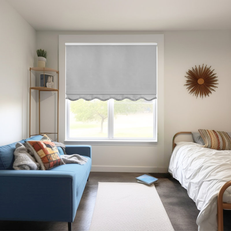 Beaman Blackout Roller Shade Blind Size: 33"W x 64"L, Color: Gray Solid (Fringe)