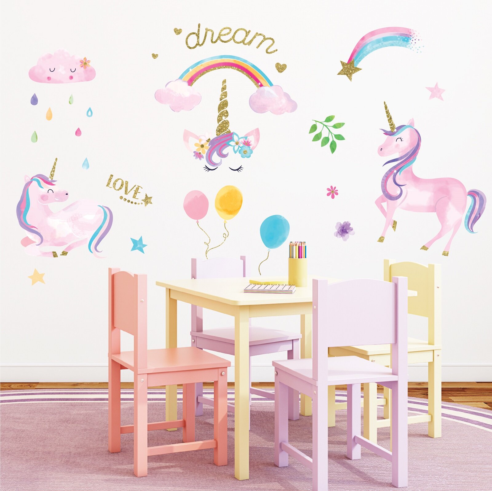 Magical Unicorn Horse Rainbow Stars Childrens Wall Stickers Window Sticker Girls 