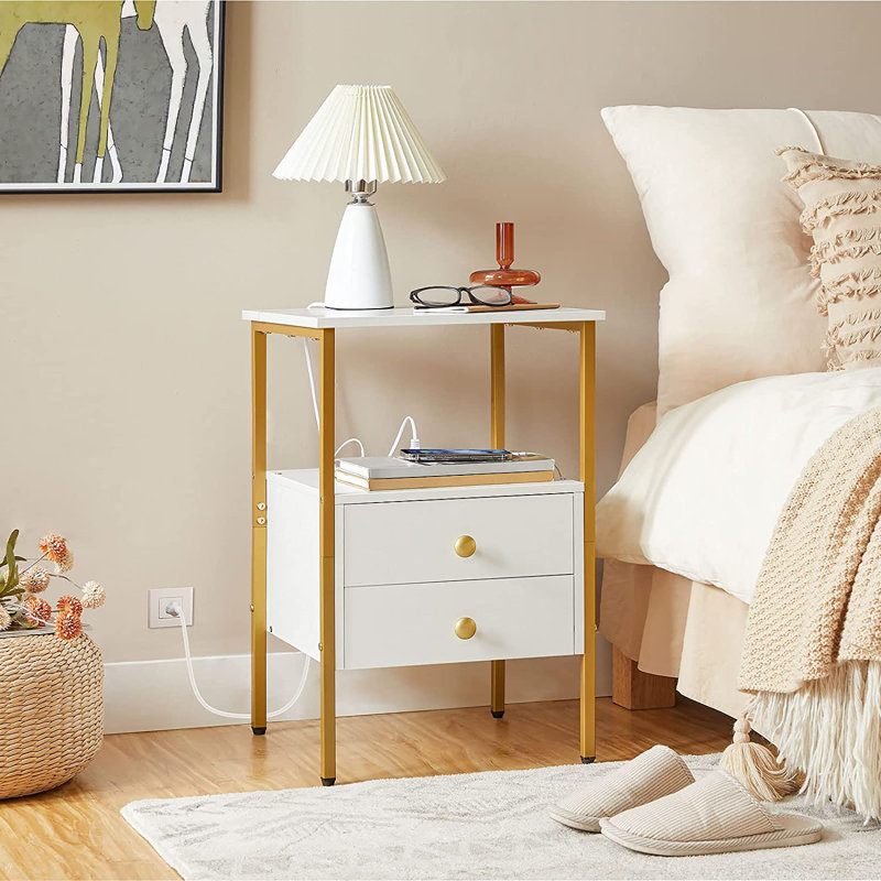 Pake 2 - Drawer 23.6" Tall Iron Nightstand with Storage and Built-In Outlets Color (Base/Top): Gold/White