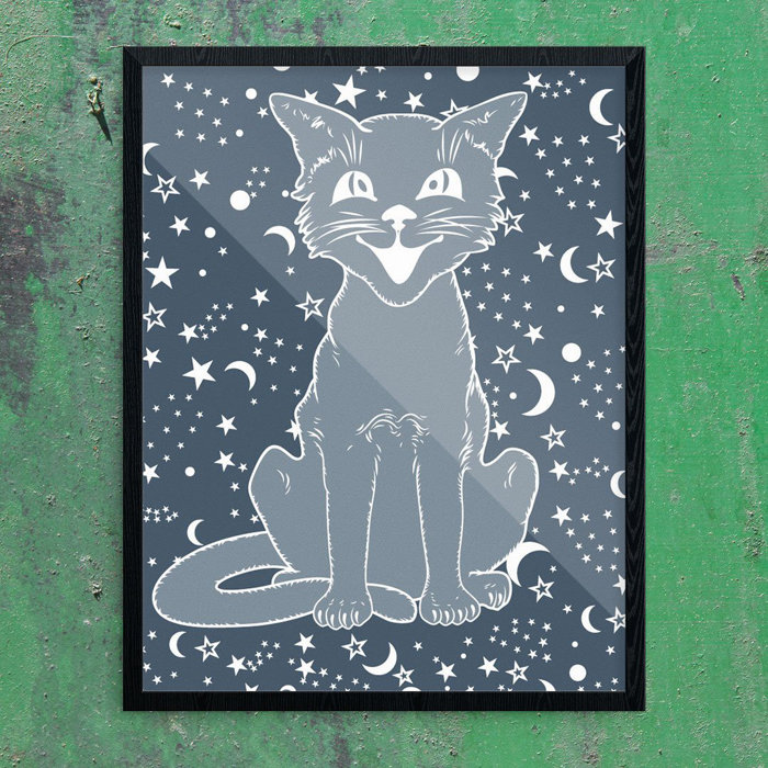 \u0027Vintage Halloween Cat on Navy\u0027 Graphic Art Print