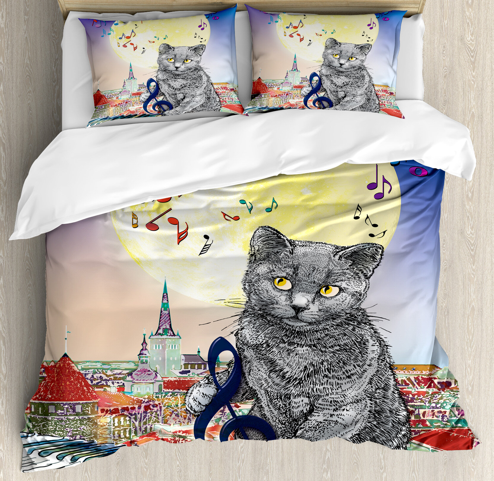 Ambesonne City Musical Notes Cat With The Keyboard On Rooftops In